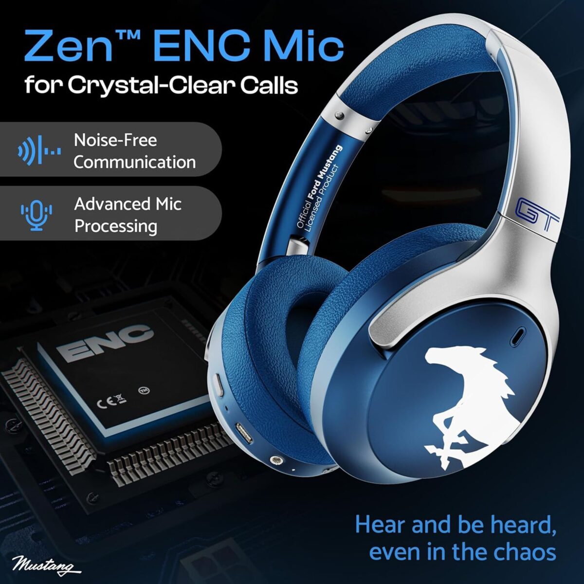 Goboult Mustang Q 70Hrs Battery, ENC Mic, 40mm Drivers, 4EQ Modes, 5.4v Bluetooth & Wired Headset (Blue, On the Ear)