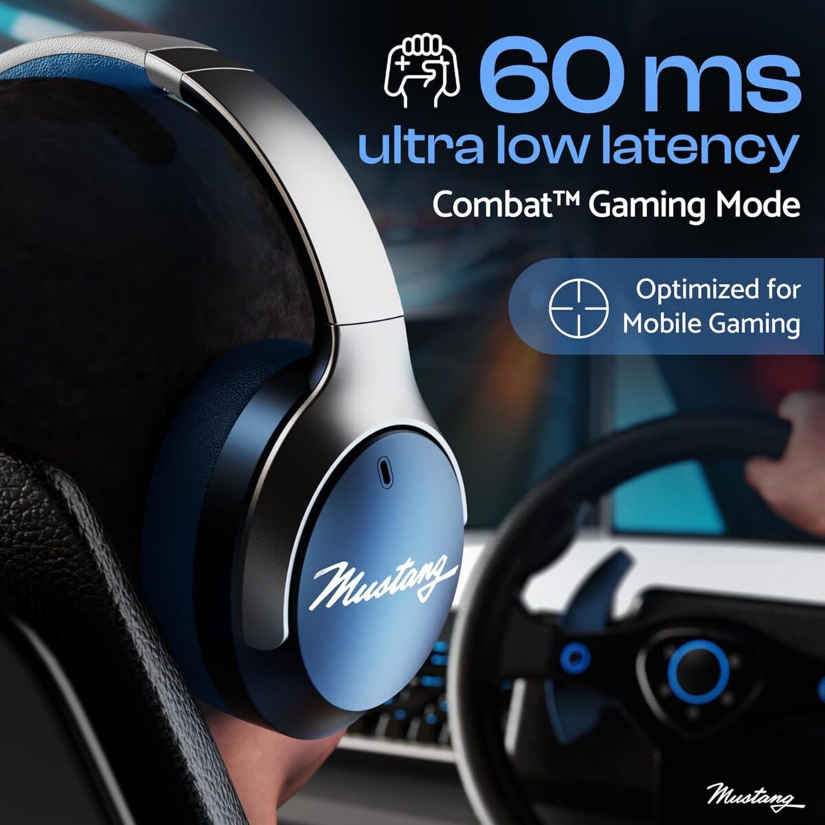 Goboult Mustang Q 70Hrs Battery, ENC Mic, 40mm Drivers, 4EQ Modes, 5.4v Bluetooth & Wired Headset (Blue, On the Ear)