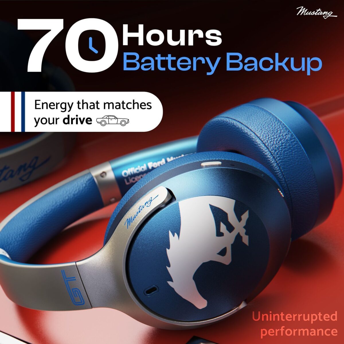 Goboult Mustang Q 70Hrs Battery, ENC Mic, 40mm Drivers, 4EQ Modes, 5.4v Bluetooth & Wired Headset (Blue, On the Ear)