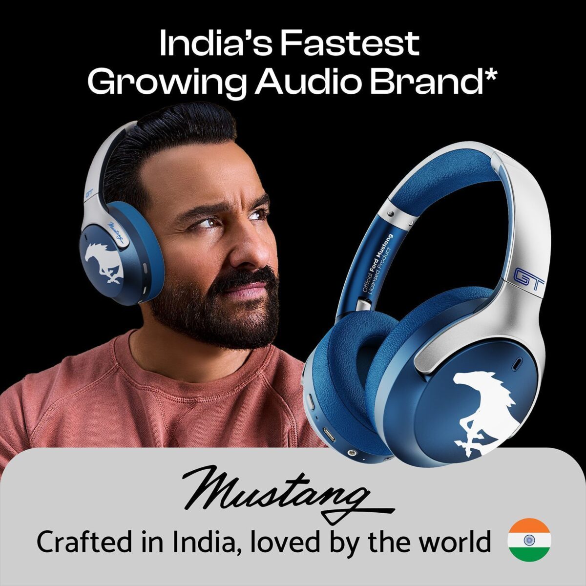 Goboult Mustang Q 70Hrs Battery, ENC Mic, 40mm Drivers, 4EQ Modes, 5.4v Bluetooth & Wired Headset (Blue, On the Ear)