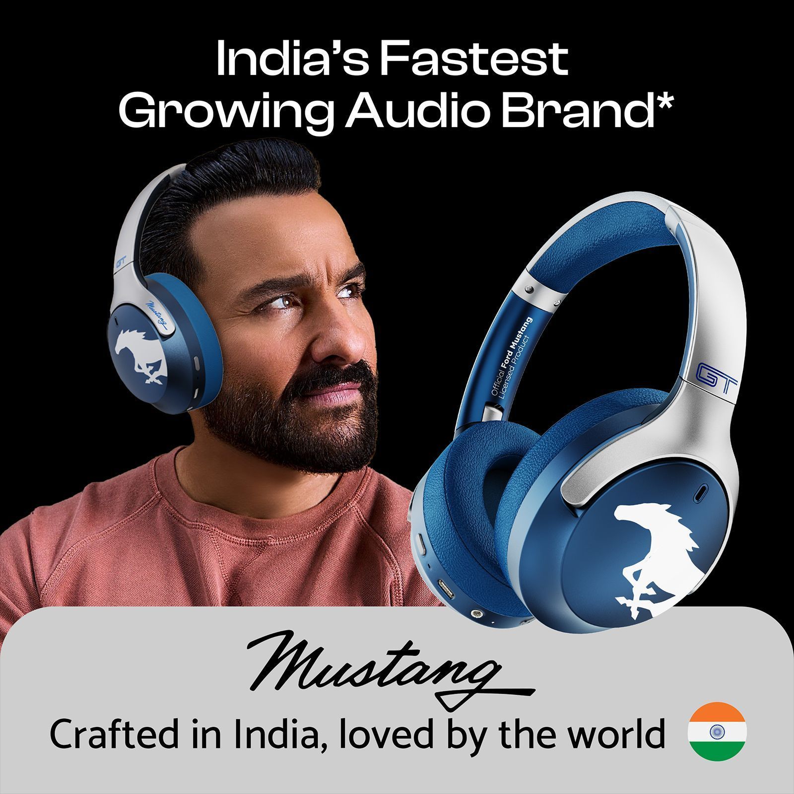 Goboult Mustang Q 70Hrs Battery, ENC Mic, 40mm Drivers, 4EQ Modes, 5.4v Bluetooth & Wired Headset (Blue, On the Ear)