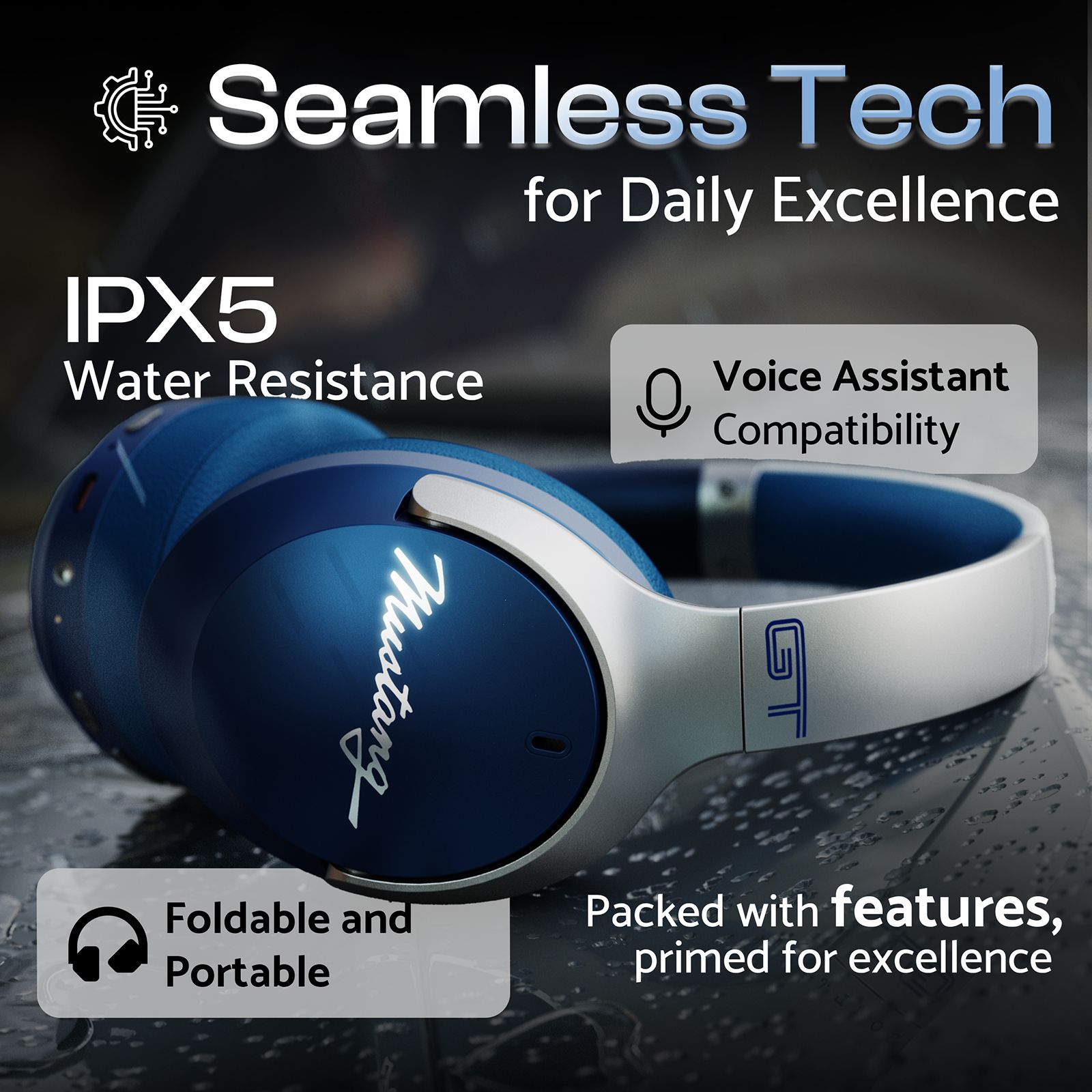 Goboult Mustang Q 70Hrs Battery, ENC Mic, 40mm Drivers, 4EQ Modes, 5.4v Bluetooth & Wired Headset (Blue, On the Ear)