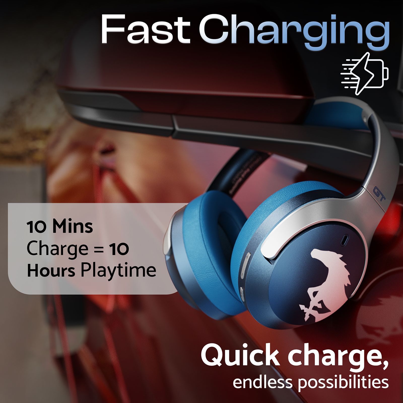 Goboult Mustang Q 70Hrs Battery, ENC Mic, 40mm Drivers, 4EQ Modes, 5.4v Bluetooth & Wired Headset (Blue, On the Ear)