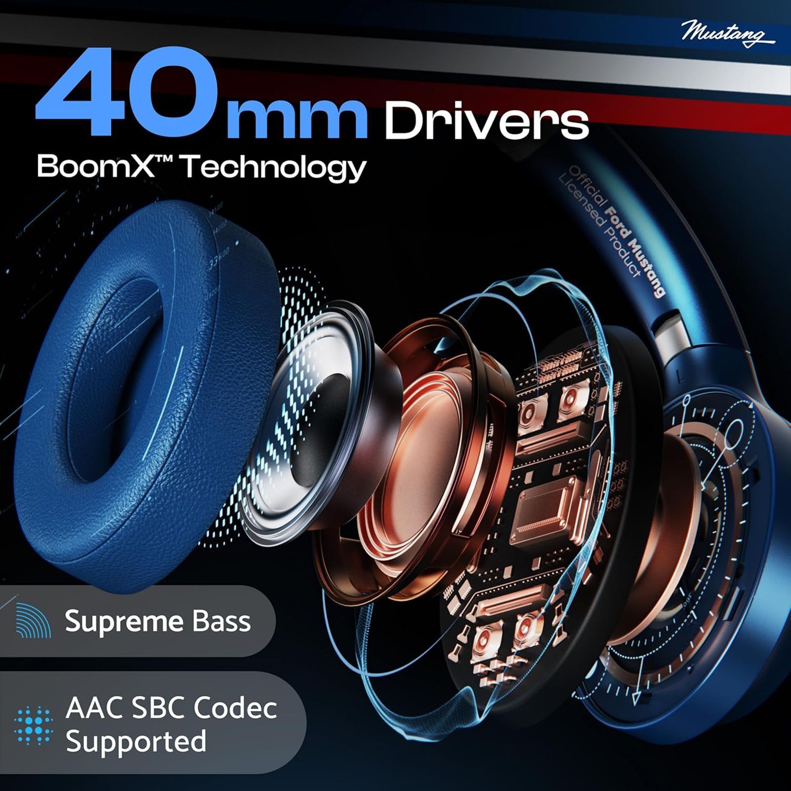 Goboult Mustang Q 70Hrs Battery, ENC Mic, 40mm Drivers, 4EQ Modes, 5.4v Bluetooth & Wired Headset (Blue, On the Ear)