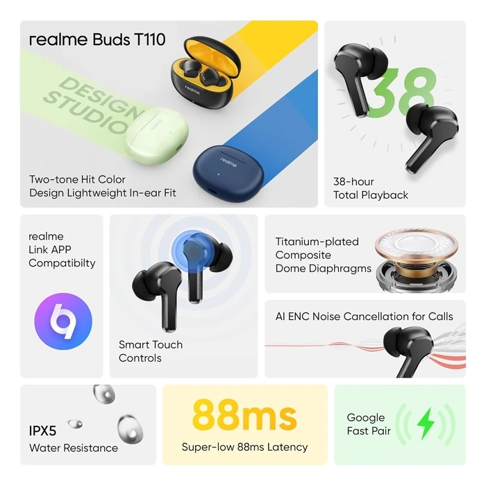 realme Buds T110 with Ai Enc for Calls, Upto 38 Hours of Playback and Fast Charging Bluetooth in Ear Headset